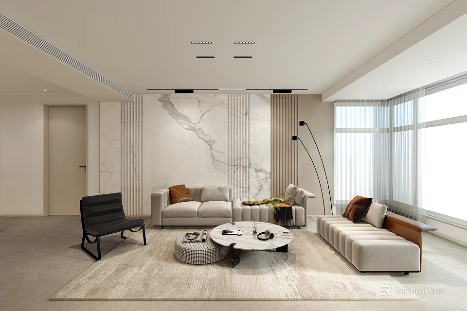 Modern Living Room Interior With Marble Wall Sofa Coffee Table Rug Floor Lamp Window 3d model 
