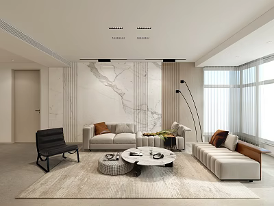 Modern Living Room Interior With Marble Wall Sofa Coffee Table Rug Floor Lamp Window 3d model