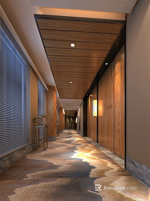 Modern Hotel Corridor Featuring Wooden Ceiling Walls Soft Lighting Blinds And Decorative Carpet 3d model 