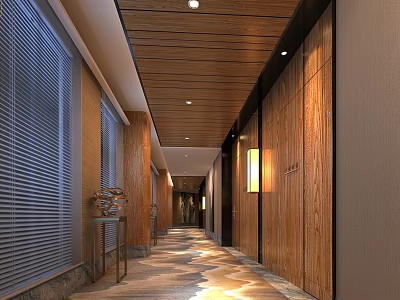 Modern Hotel Corridor Featuring Wooden Ceiling Walls Soft Lighting Blinds And Decorative Carpet 3d model