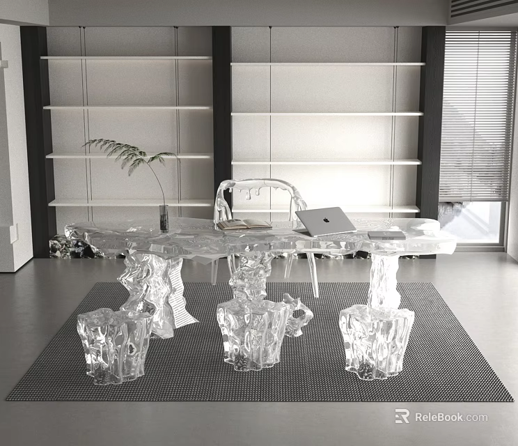 Modern Transparent Desk Interior With Laptop Plant Chair And White Shelves 3d model 