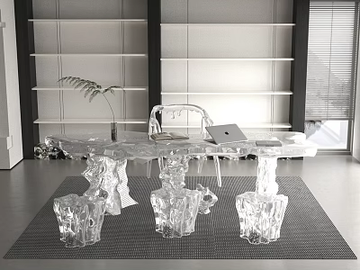 Modern Transparent Desk Interior With Laptop Plant Chair And White Shelves 3d model