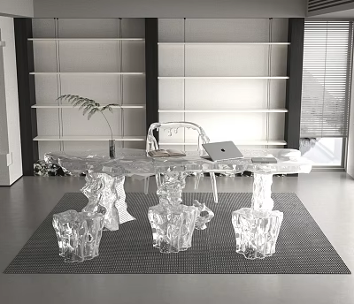 Modern Transparent Desk Interior With Laptop Plant Chair And White Shelves 3d model