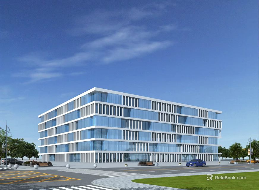 Modern Multi Storey Office Building With Glass Facade Blue Sky Greenery And Road Vehicles 3d model 