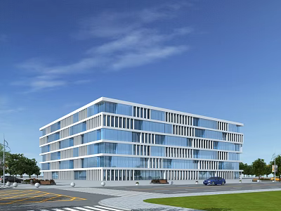 Modern Multi Storey Office Building With Glass Facade Blue Sky Greenery And Road Vehicles 3d model