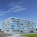 Modern Multi Storey Office Building With Glass Facade Blue Sky Greenery And Road Vehicles