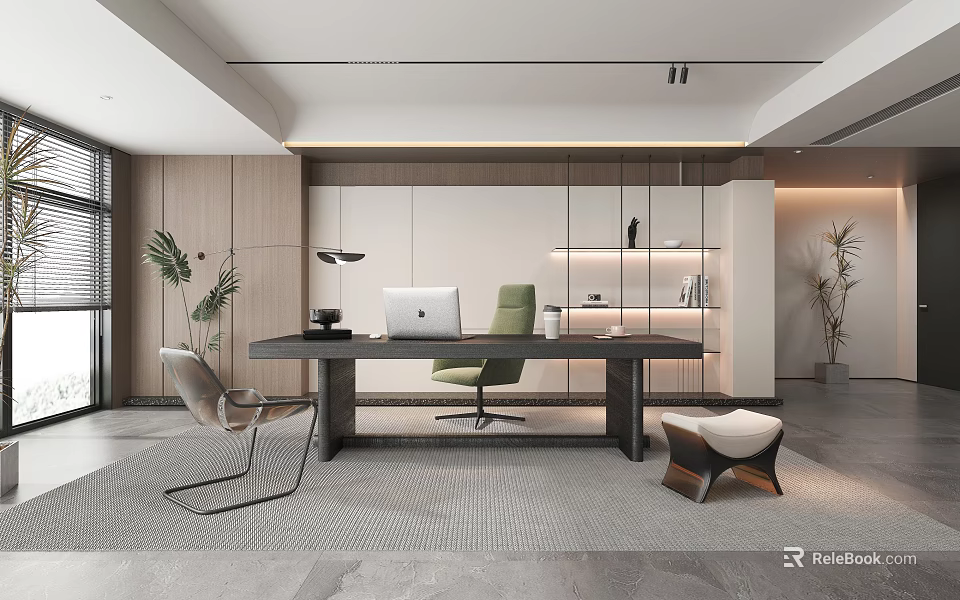Modern Study Room Interior With Wooden Desk Green Chair Built In Bookshelves And Potted Plants 3d model 