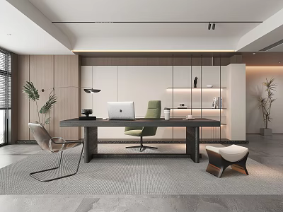 Modern Study Room Interior With Wooden Desk Green Chair Built In Bookshelves And Potted Plants 3d model