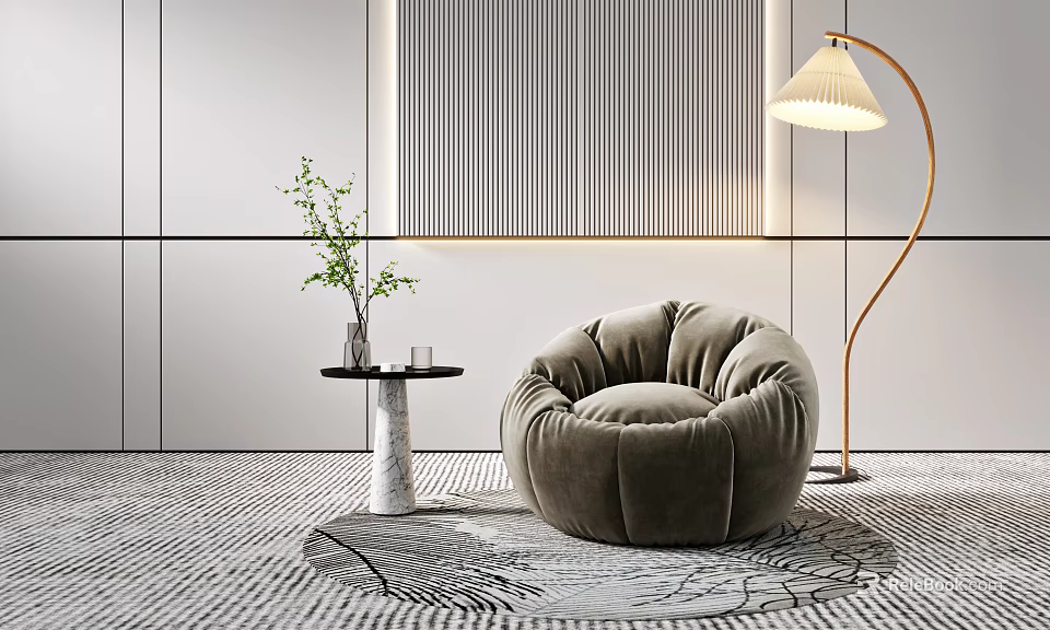 Plush Velvet Round Single Seater Sofa With Gold Floor Lamp And Marble Side Table 3d model 