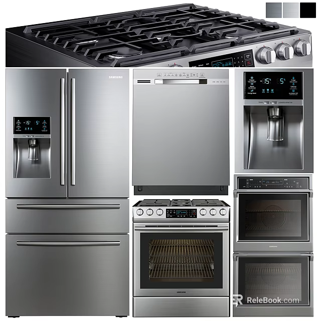 Sleek Modern Stainless Steel Kitchen Appliances Featuring Refrigerator Oven Dishwasher And Stove 3d model 