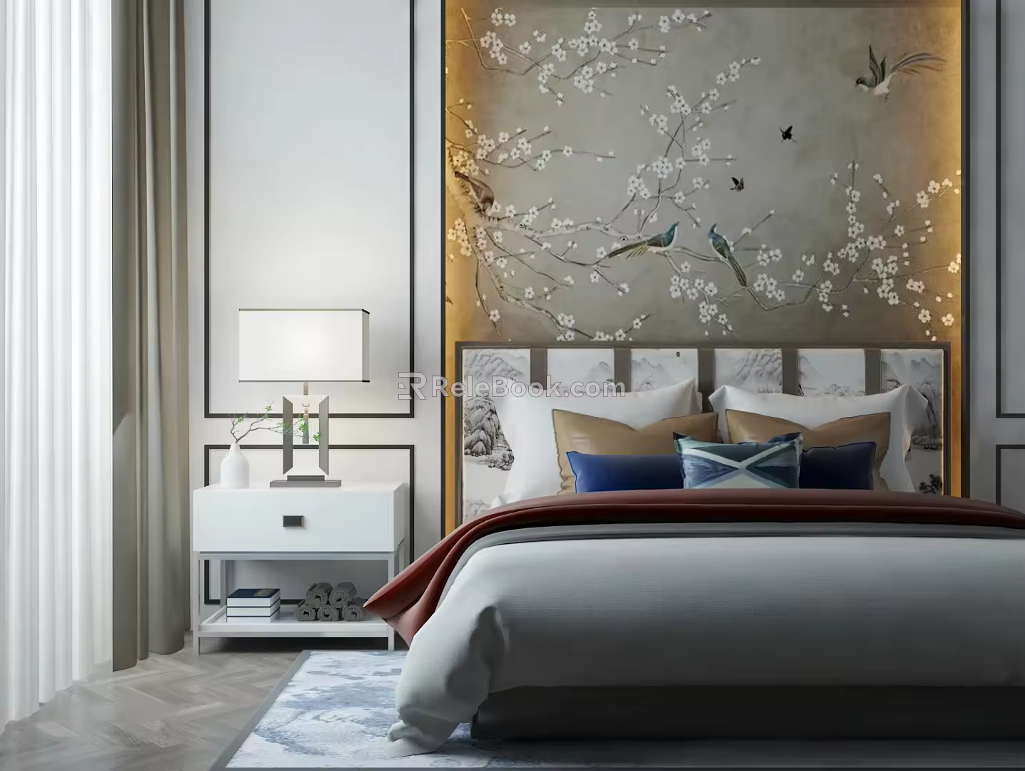 New Chinese background double bedding combination 3d model