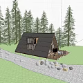 Rustic A Frame Villa Surrounded By Pine Trees Stream Rocks And Wooden Deck With Campfire 3d model