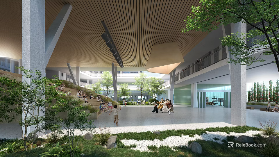 Modern Garden Landscape With Lush Green Trees Stone Paths And Open Leisure Space 3d model 