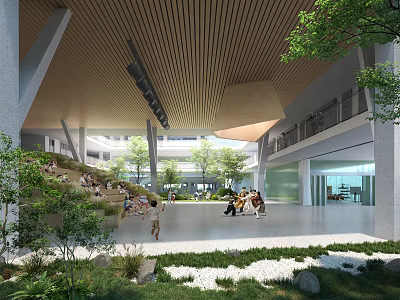 Modern Garden Landscape With Lush Green Trees Stone Paths And Open Leisure Space 3d model