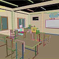 Bright Classroom Interior With Desks Chairs Whiteboard Globe TV Windows And Teacher
