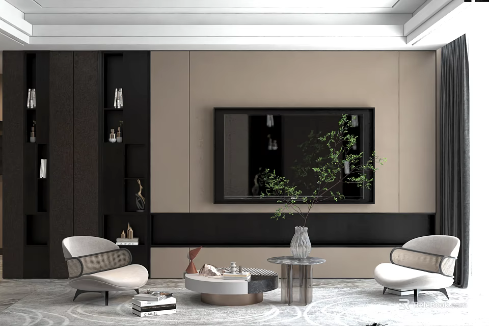 Modern TV Wall Design With Built In Shelves In Elegant Living Room 3d model 