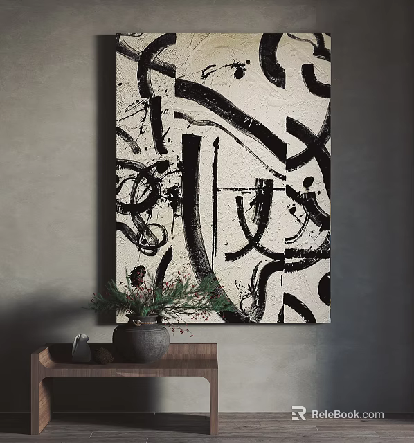 Black and White Abstract Painting on Gray Wall with Wooden Tray Vase and Green Plants 3d model 