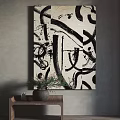 Black and White Abstract Painting on Gray Wall with Wooden Tray Vase and Green Plants