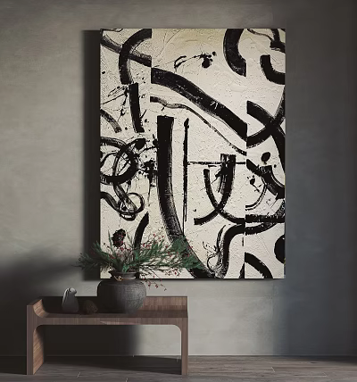 Black and White Abstract Painting on Gray Wall with Wooden Tray Vase and Green Plants 3d model