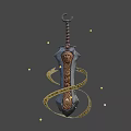 Decorative Ancient Sword With Golden Spiral Wrap And Carved Head Motif