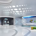 Modern Tech Inspired Reception Area With White Desk Green Seats And Circular Ceiling Lights 3d model