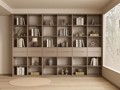 Modern Built in Bookcase with Books Decorative Items Natural Light in Warm Minimalist Room 3d model