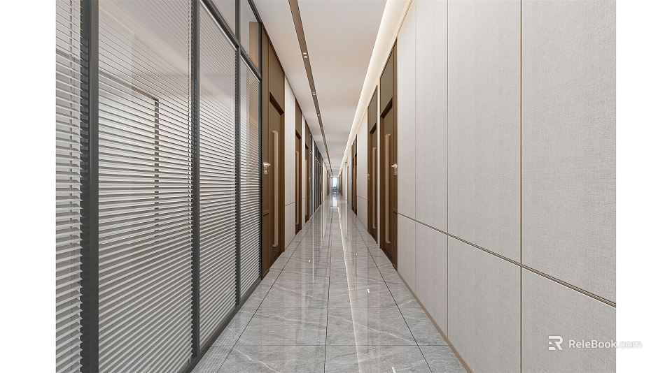 Modern Office Corridor With Glass Partitions Wooden Doors Marble Flooring And Ceiling Lights 3d model 
