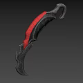 Silver Curved Weapon With Red Glowing Accents And Bat Wing Inspired Design