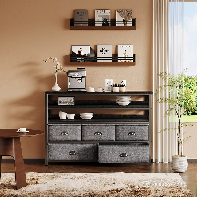 Modern Multi tiered Storage Cabinet With Drawers Open Shelves Books Bowls And Coffee Machine 3d model 