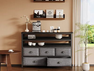 Modern Multi tiered Storage Cabinet With Drawers Open Shelves Books Bowls And Coffee Machine 3d model