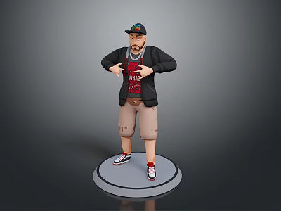 Man Wearing Cap Black Jacket Red T-Shirt Khaki Shorts Red White Shoes On Round Base 3d model