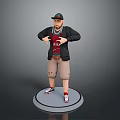 Man Wearing Cap Black Jacket Red T-Shirt Khaki Shorts Red White Shoes On Round Base