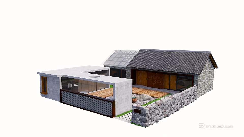 Traditional Modern Fusion Boutique Guesthouse Architecture With Tile Roof Glass Skylight Stone Wall Large Glass Windows And Wooden Terrace 3d model 