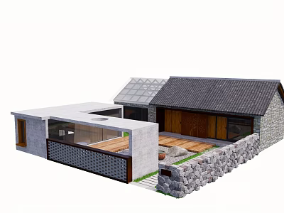 Traditional Modern Fusion Boutique Guesthouse Architecture With Tile Roof Glass Skylight Stone Wall Large Glass Windows And Wooden Terrace 3d model