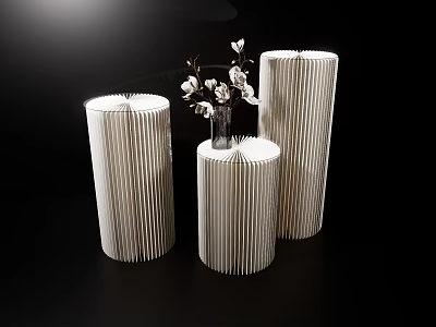 White Striped Cylindrical Decor Pieces With Flower Vase For Modern Interior 3d model