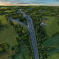 Aerial Planning Layout With Road Network Green Areas Buildings And Sunset Landscape