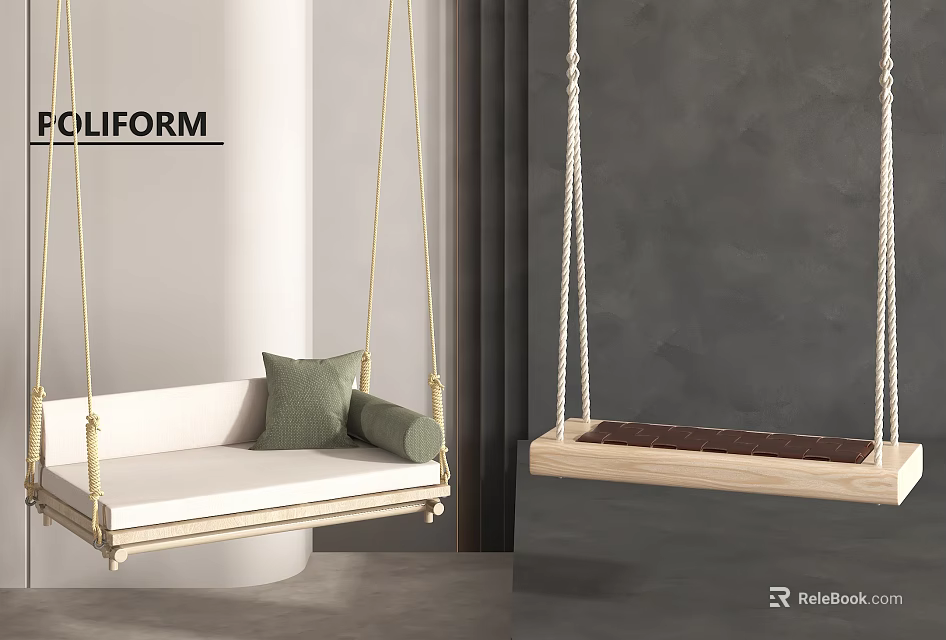 Modern Hanging Swing Chair with White Cushion Green Pillow and Wooden Seat in Minimalist Interior 3d model 
