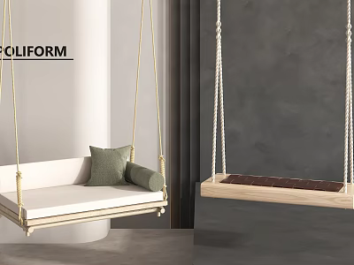 Modern Hanging Swing Chair with White Cushion Green Pillow and Wooden Seat in Minimalist Interior 3d model