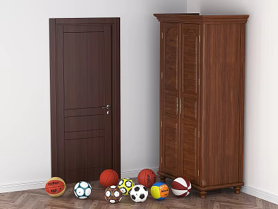 Wooden Wardrobe with Various Sports Balls Beside Dark Wooden Door 3d model