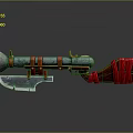 Fantasy Style Weapon With Blue Orange Striped Body Conical Front Silver Blade And Red Cloth