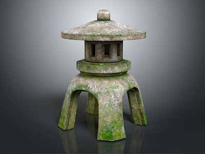 Traditional Stone Lantern Furniture With Pagoda Style Roof And Mossy Surface 3d model