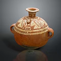 Traditional Reddish Brown Ceramic Vessel With Lid Two Handles And Decorative Patterns