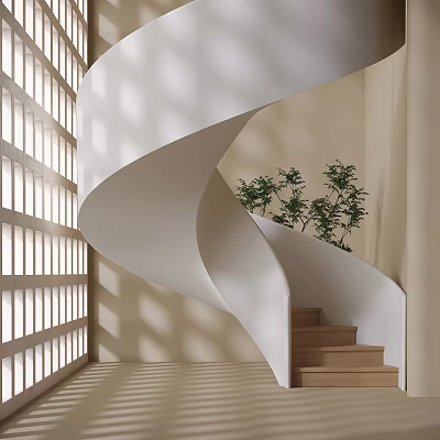 White Spiral Staircase Modern Interior Design With Wooden Steps And Green Plant Light Shadows 3d model