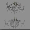 Modern White Dining Table Set With Six Chairs And Decorative Flowers Tableware 3d model