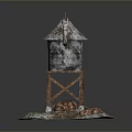 Rusted Water Tower With Wooden Support Structure Small Chimney And Weathered Base