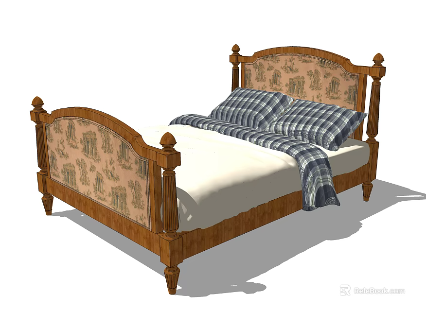 Classic Double Bed With Wooden Frame Carved Details Upholstered Headboard White Sheets And Plaid Blanket 3d model 