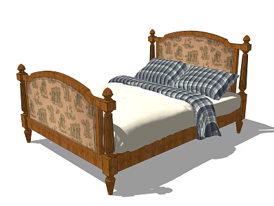 Classic Double Bed With Wooden Frame Carved Details Upholstered Headboard White Sheets And Plaid Blanket 3d model