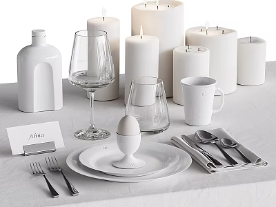 Modern White Ceramic Tableware Set with Plates Wine Glasses Mugs Egg Holder Forks and Spoons 3d model