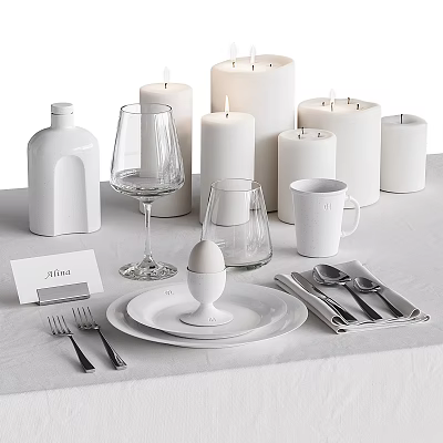 Modern White Ceramic Tableware Set with Plates Wine Glasses Mugs Egg Holder Forks and Spoons 3d model