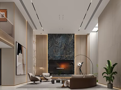 Modern Basement Interior With Sofa Fireplace Art Floor Lamp And Plants 3d model